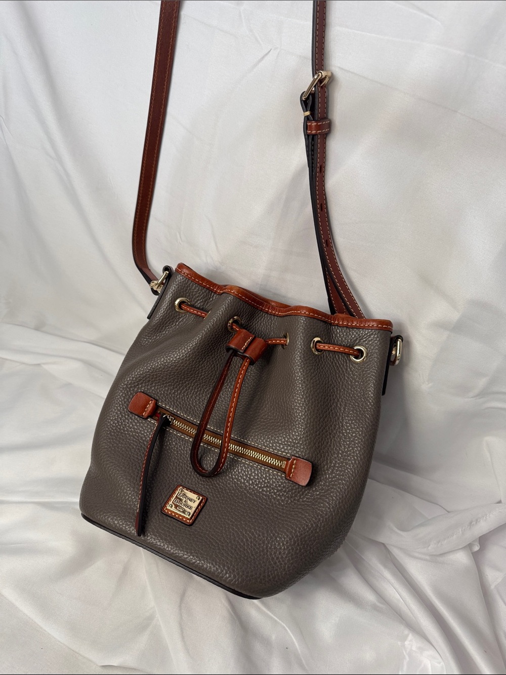 Dooney & Bourke Gray Pebble Leather Drawstring Crossbody with Brown Trim